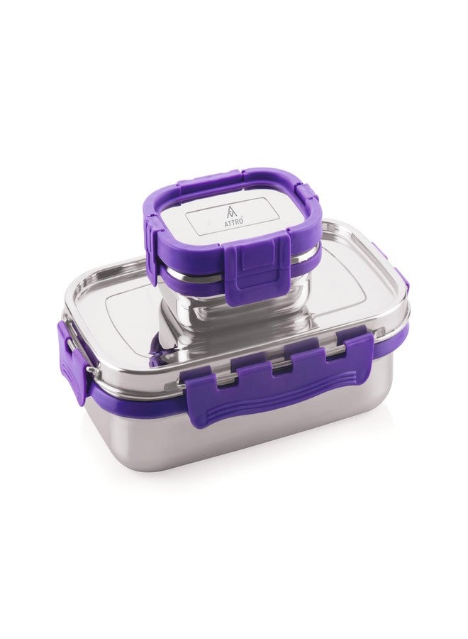 ATTRO Shine Medium Stainless Steel Lunch Box 2-Piece Set - 800ml + 150ml - Leak-Proof, BPA-Free, Compact & Durable - Ideal for Kids, Office, Travel - Purple - Image 1